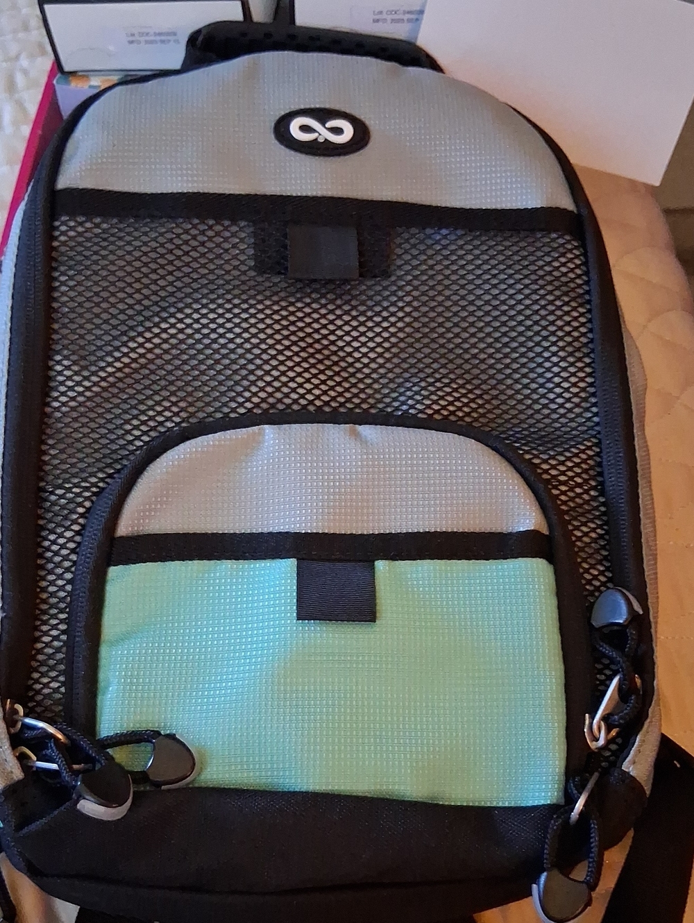 Grey and Mint Backpack with Front Mesh Pocket Feeding Bag